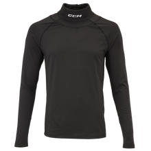 Load image into Gallery viewer, CCM Youth Compression Long-Sleeve Neck Protector. Black top with cut-resistant neck and CCM logo.