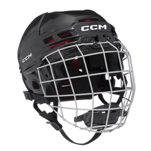 Load image into Gallery viewer, CCM TACKS 70 full-face hockey helmet, junior size. The hockey helmet is black with a silver facemask.
