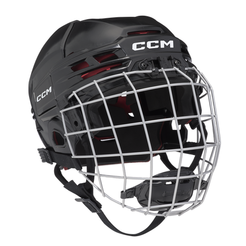 CCM TACKS 70 full-face hockey helmet, junior size. The hockey helmet is black with a silver facemask.