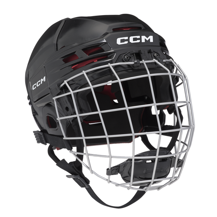 CCM TACKS 70 full-face hockey helmet, junior size. The hockey helmet is black with a silver facemask.