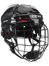 Load image into Gallery viewer, CCM TACKS 70 full-face hockey helmet, senior size. The hockey helmet is black with a black facemask.
