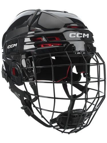 CCM TACKS 70 full-face hockey helmet, senior size. The hockey helmet is black with a black facemask.