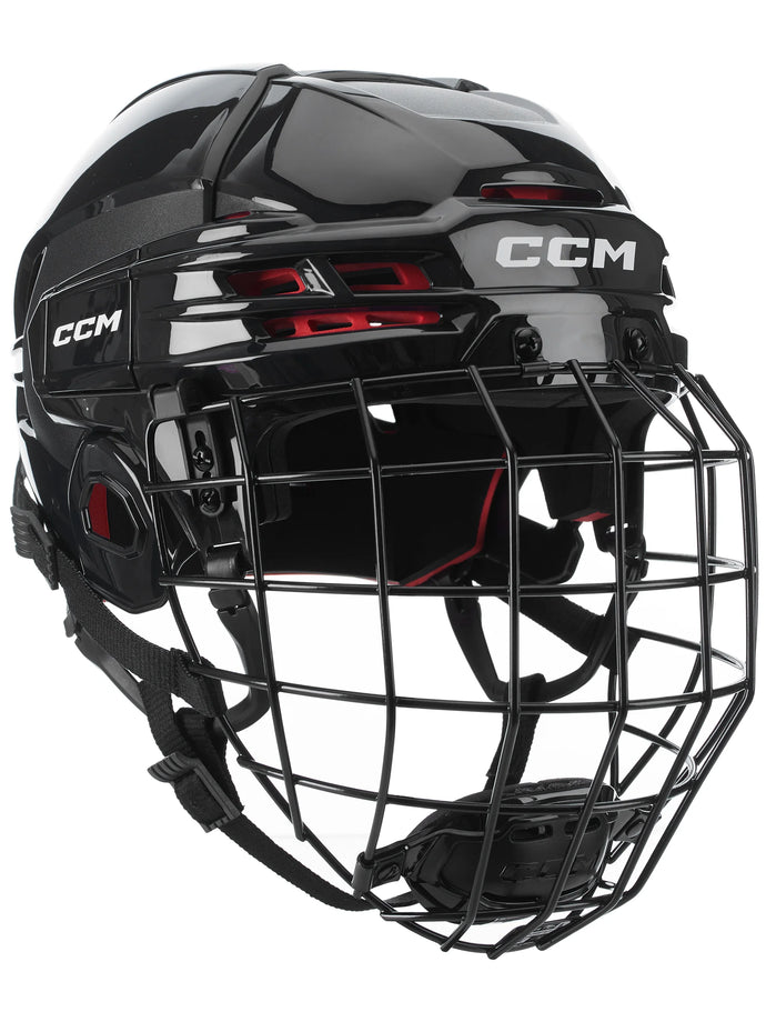 CCM TACKS 70 full-face hockey helmet, senior size. The hockey helmet is black with a black facemask.