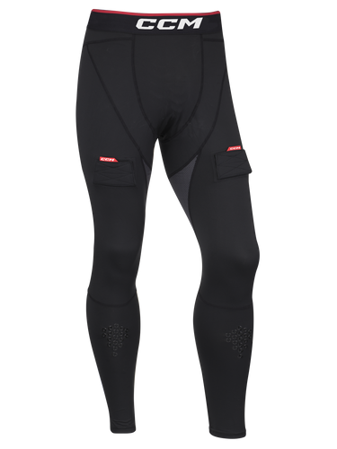 CCM Men's Compression Jock Pant With Gel Grips. Black pants with white CCM logo and jock.