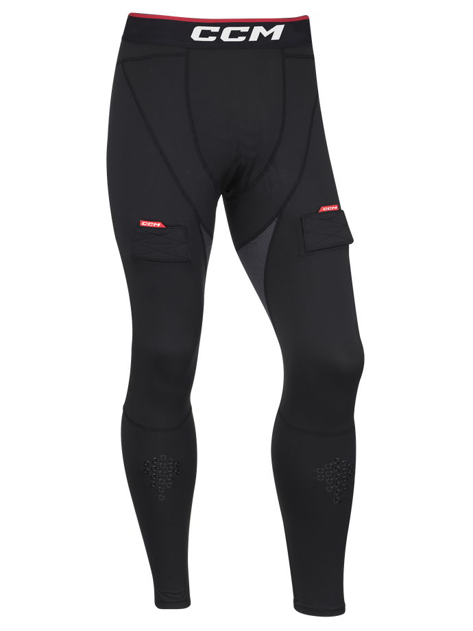 CCM Men's Compression Jock Pant With Gel Grips. Black pants with white CCM logo and jock.